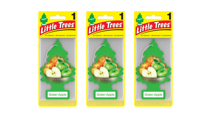 Three packages of Little Trees Green Apple air fresheners on a white background