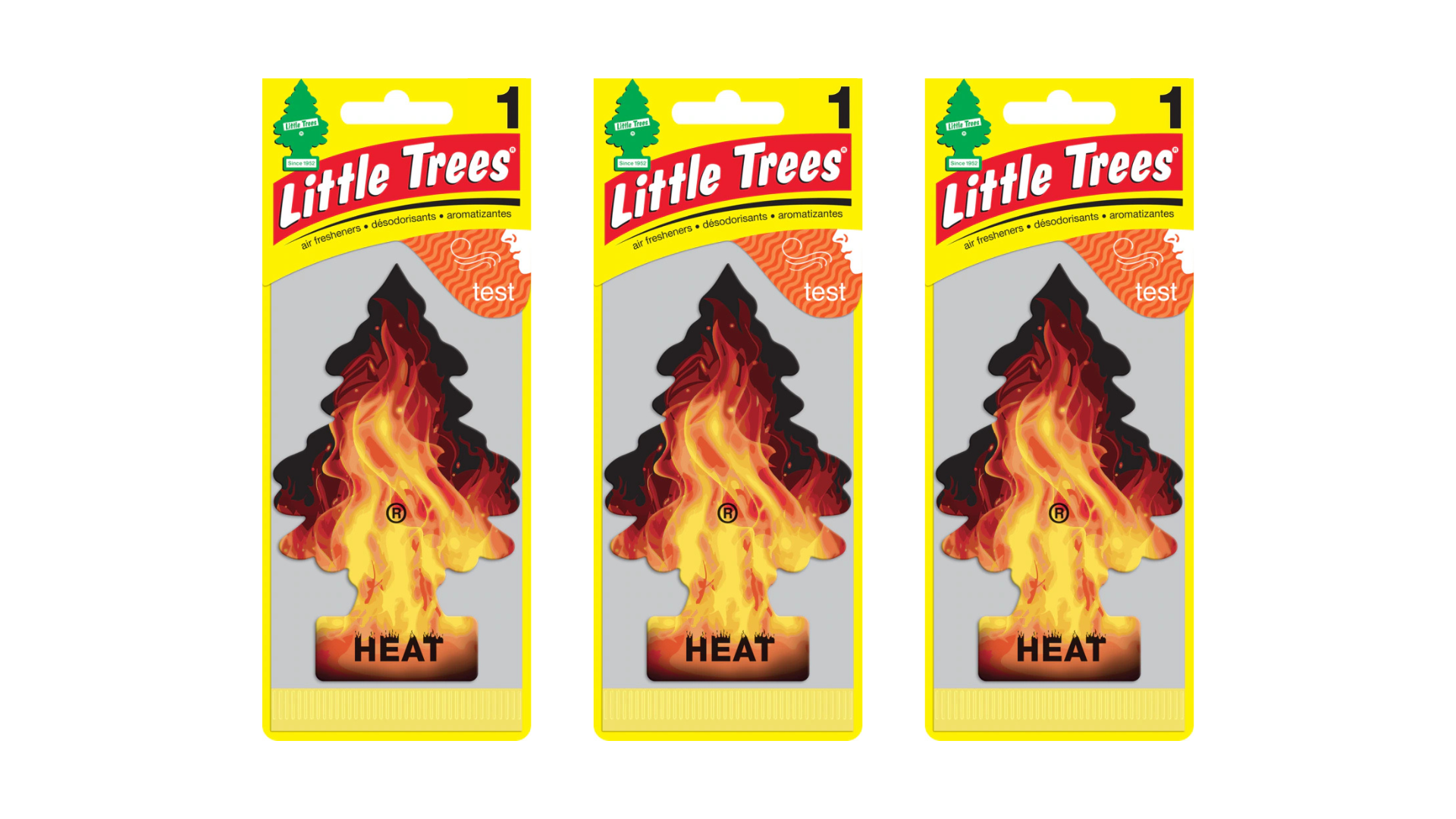 Three packages of Little Trees heat air fresheners on a white background