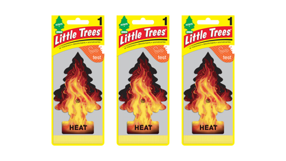 Three packages of Little Trees heat air fresheners on a white background