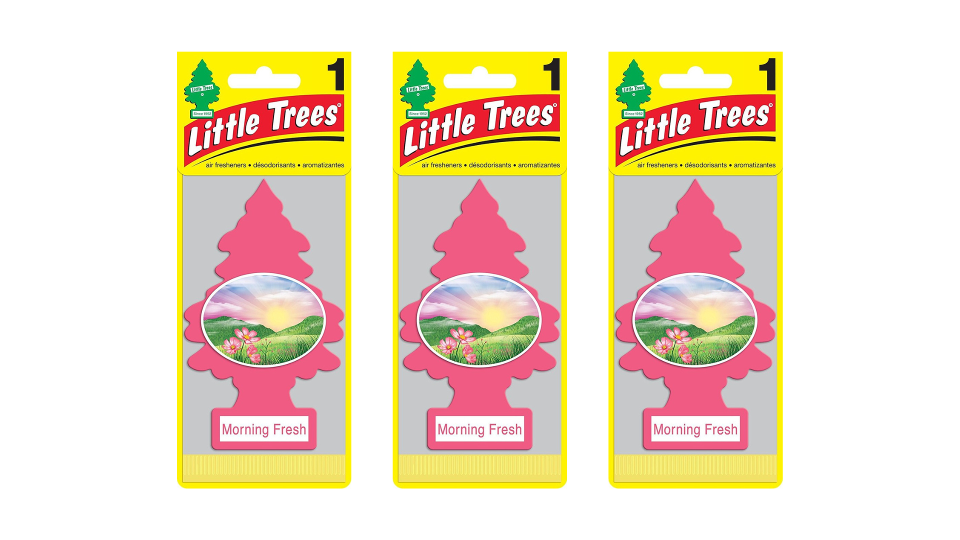 Three packages of Little Trees Morning Fresh air fresheners on a white background