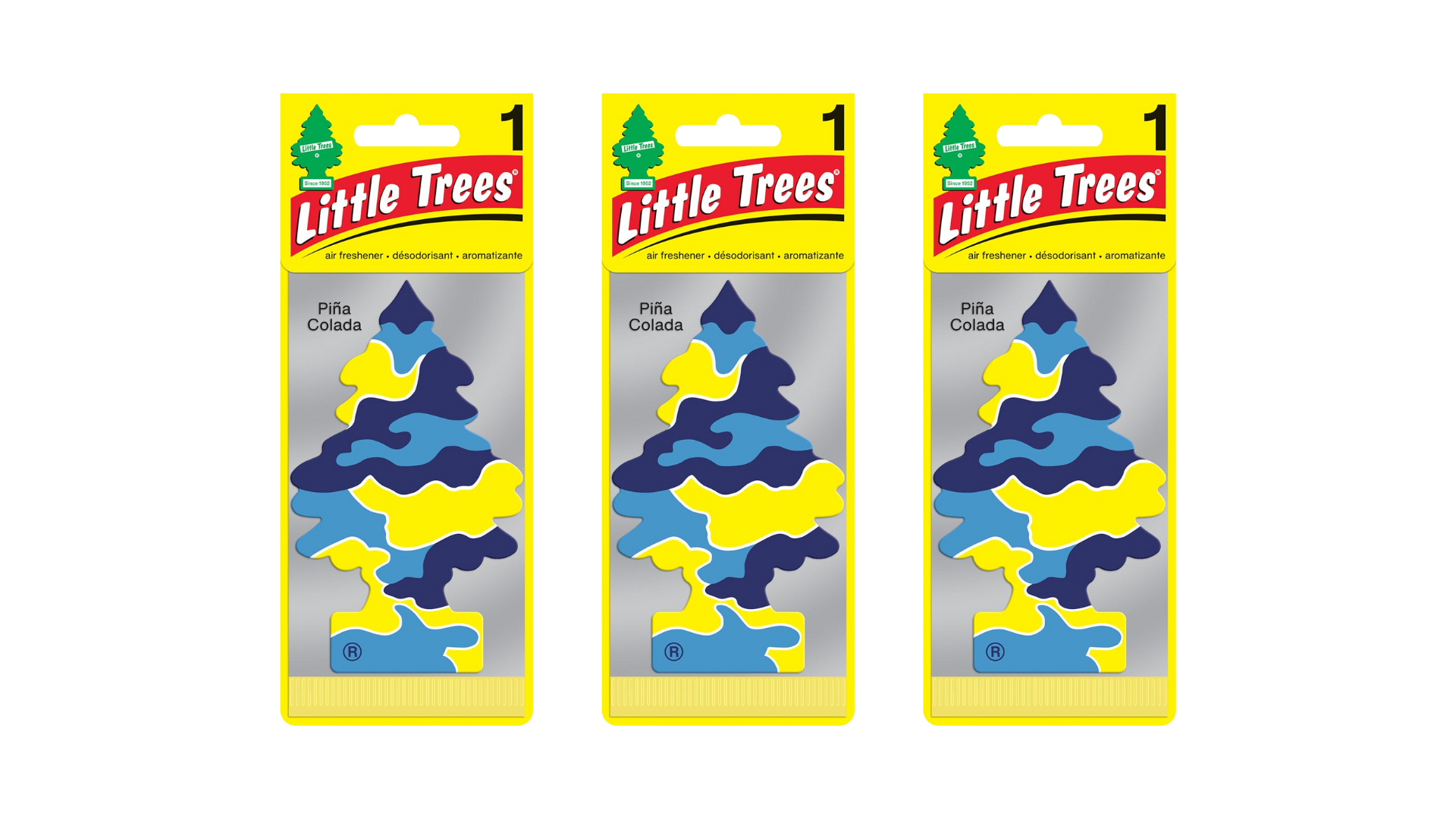 Three packages of Little Trees air fresheners on a white background