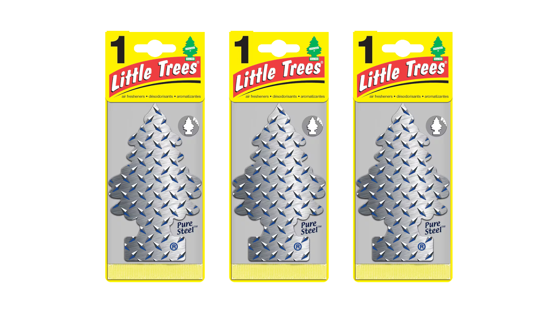 Three packages of Little Trees air fresheners on a white background