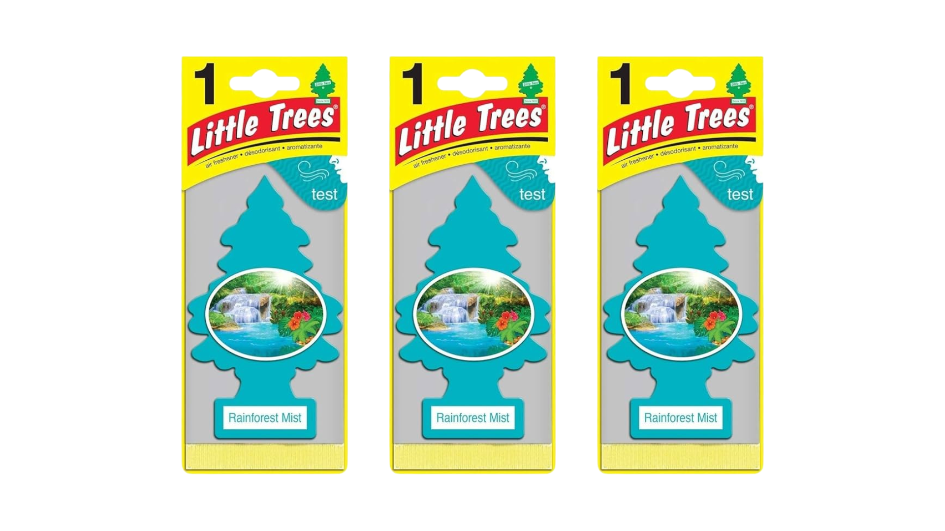 Three packages of Little Trees car air fresheners on a white background