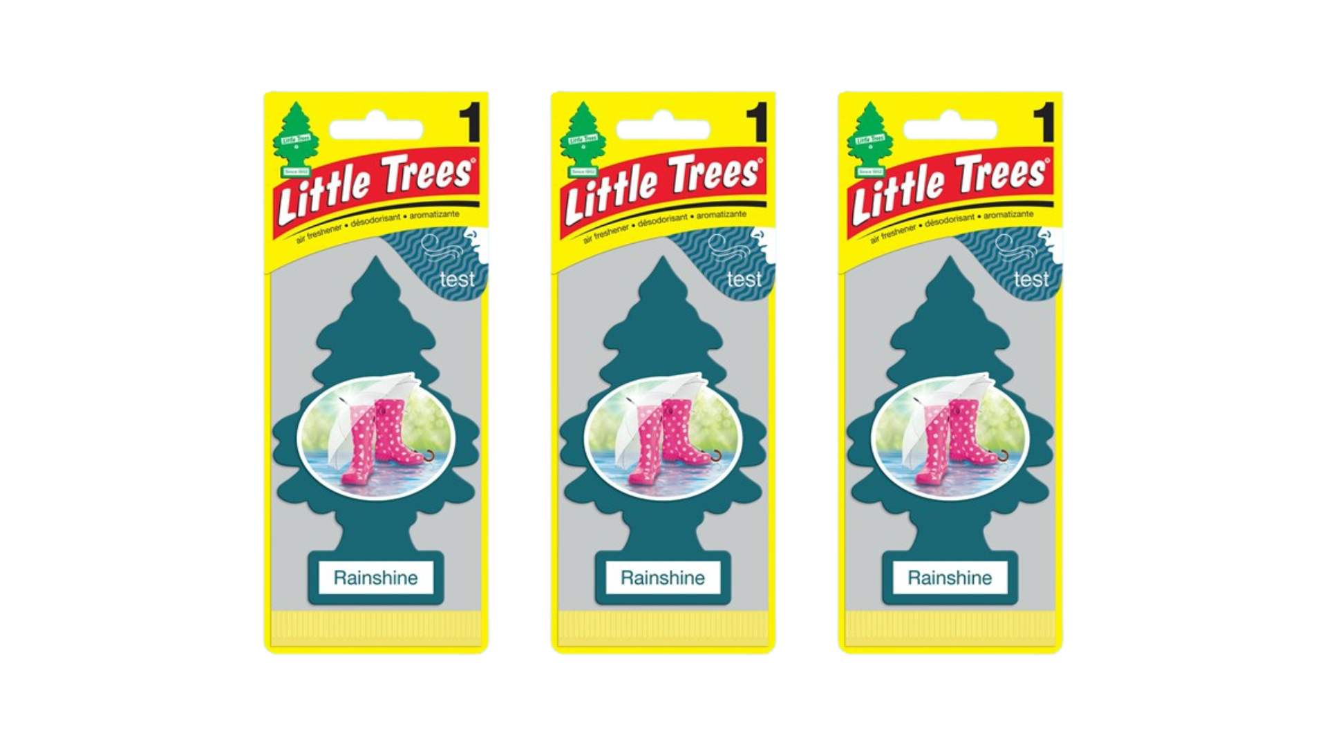 Three packages of Little Trees Rainshine air fresheners on a white background