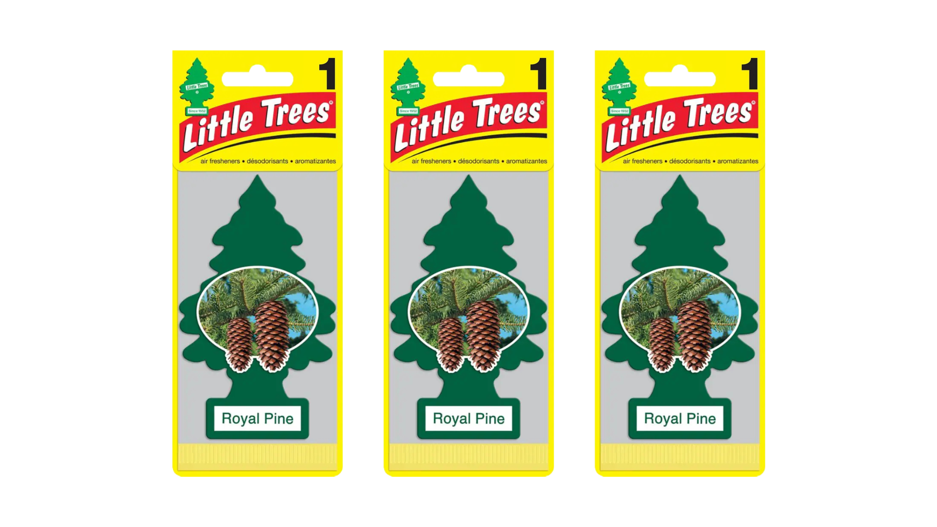 Three packages of Little Trees Royal Pine air fresheners on a white background