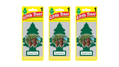 Three packages of Little Trees Royal Pine air fresheners on a white background