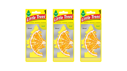 Three packages of Little Trees air fresheners with orange slices on a white background