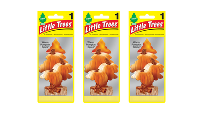 Three packages of Little Trees with pumpkin-designed car fresheners on a white background