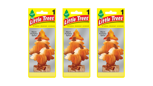 Three packages of Little Trees with pumpkin-designed car fresheners on a white background
