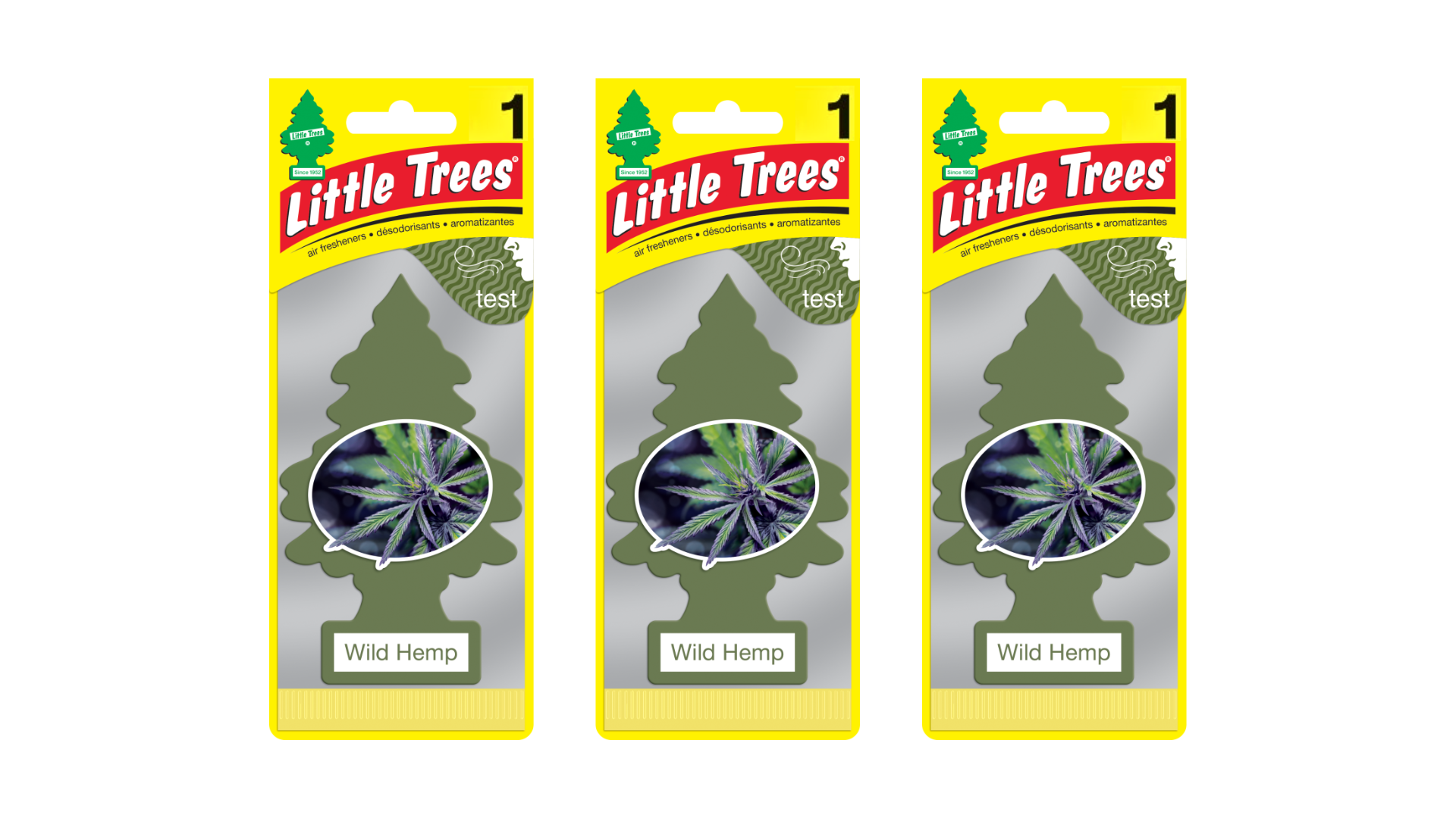 Three packages of Little Trees Wild Hemp air fresheners on a white background