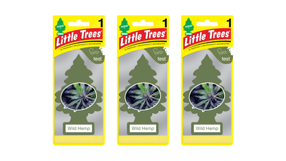 Three packages of Little Trees Wild Hemp air fresheners on a white background