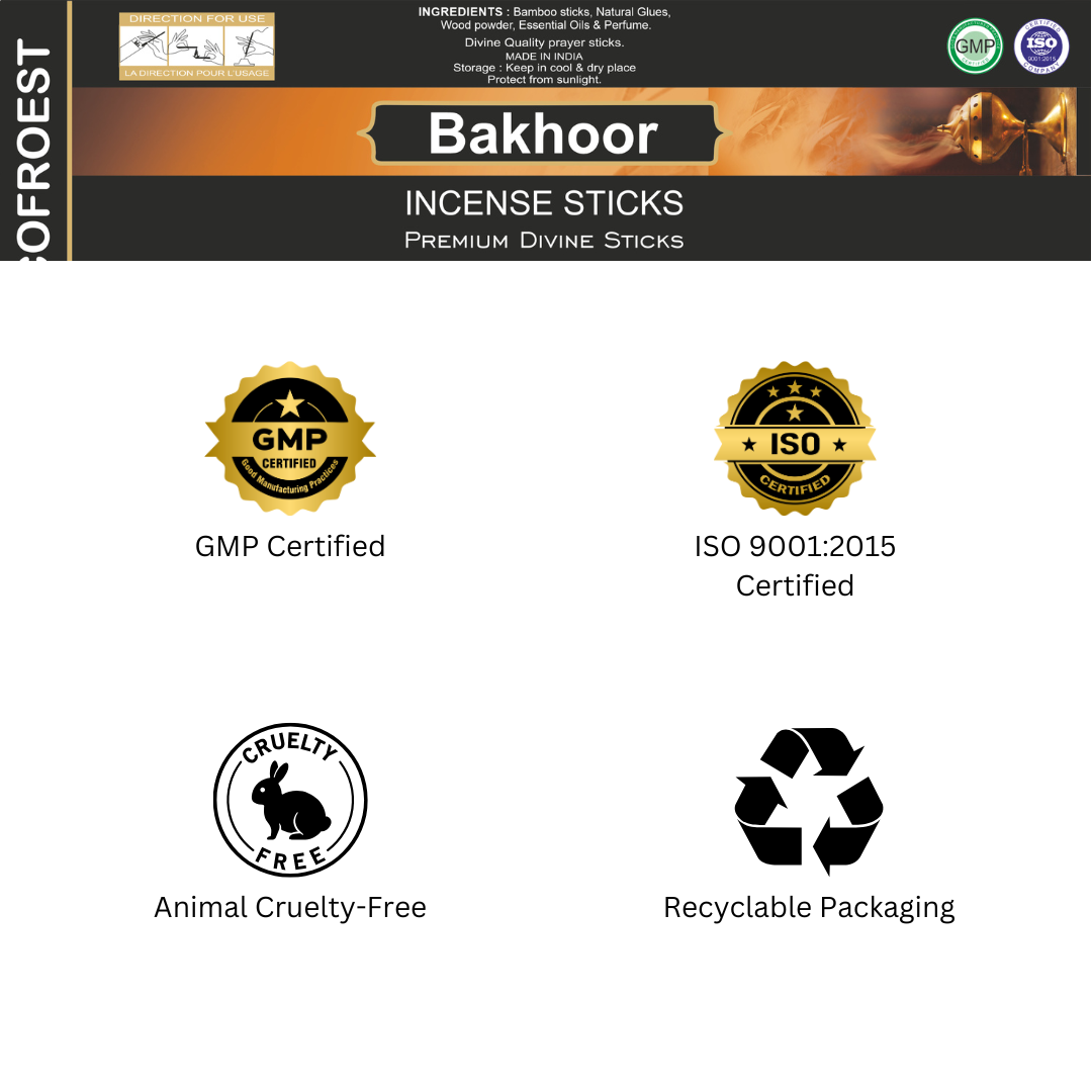 Bakhoor incense sticks packaging with certification logos on a white background