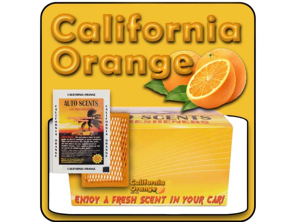 California Orange car freshener packaging with oranges and text on a yellow background