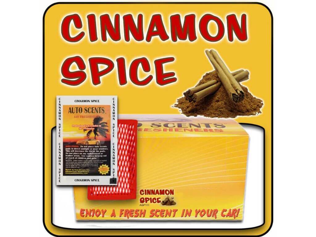 Cinnamon spice car freshener packaging with cinnamon sticks on a yellow background