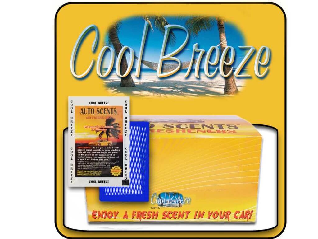 Cool Breeze car air freshener packaging with palm trees and beach scene on a yellow background