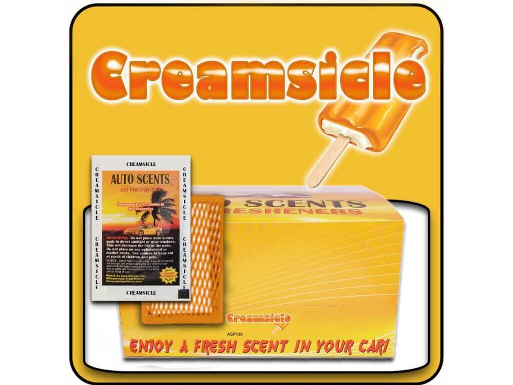Packaging for Creamsicle car air freshener with a popsicle illustration on a yellow background.