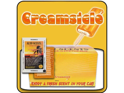 Packaging for Creamsicle car air freshener with a popsicle illustration on a yellow background.