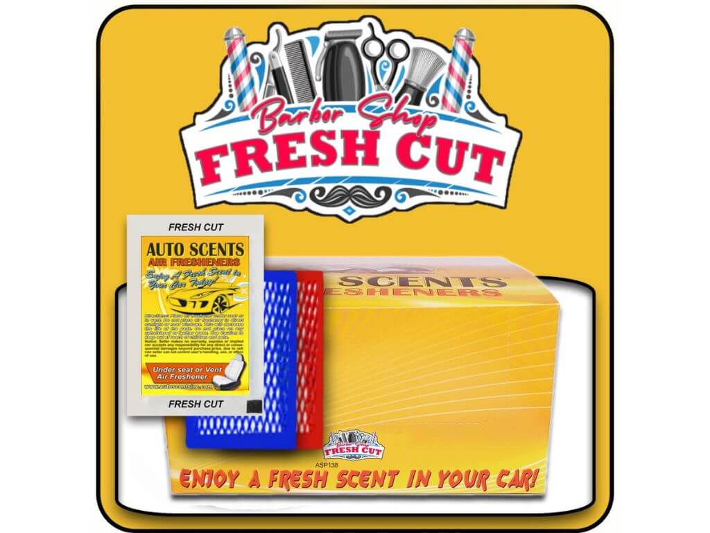 Barber Shop Fresh Cut car air freshener packaging on a yellow background