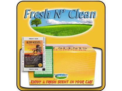 Packaging of 'Fresh N' Clean' car freshener with grass and tree graphic on yellow background