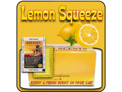 Lemon Squeeze car freshener packaging with lemons and text on a yellow background