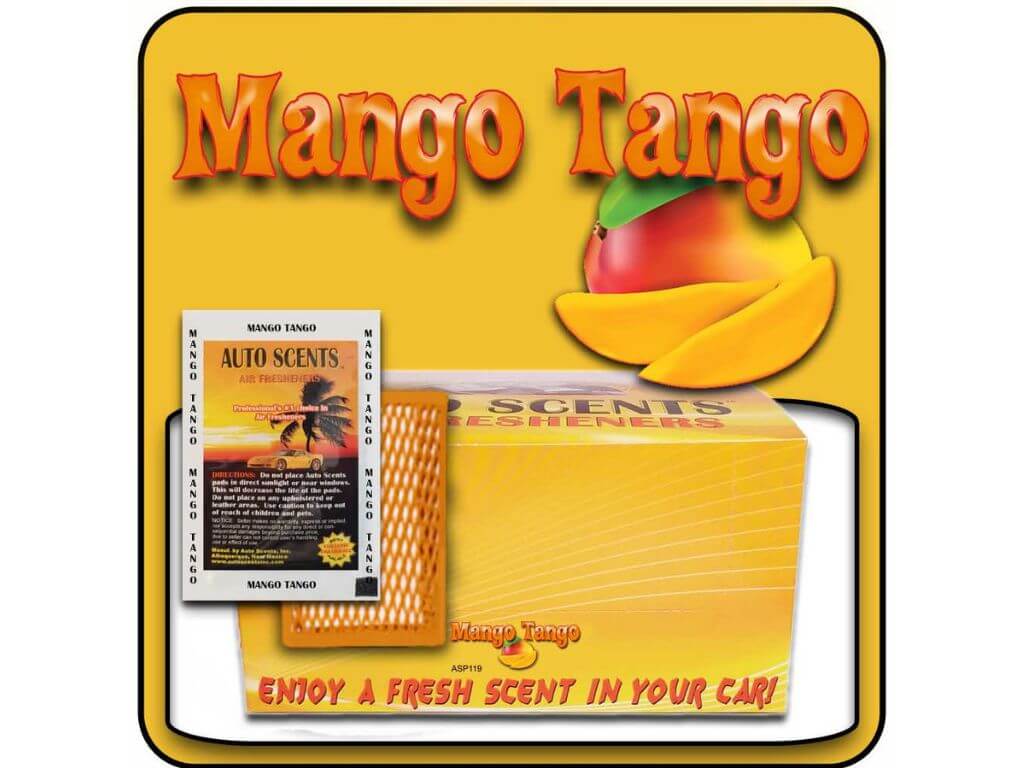 Mango Tango car freshener packaging with a mango illustration on a yellow background