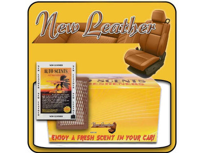 Advertisement for New Leather car seat covers and auto scents with a yellow background