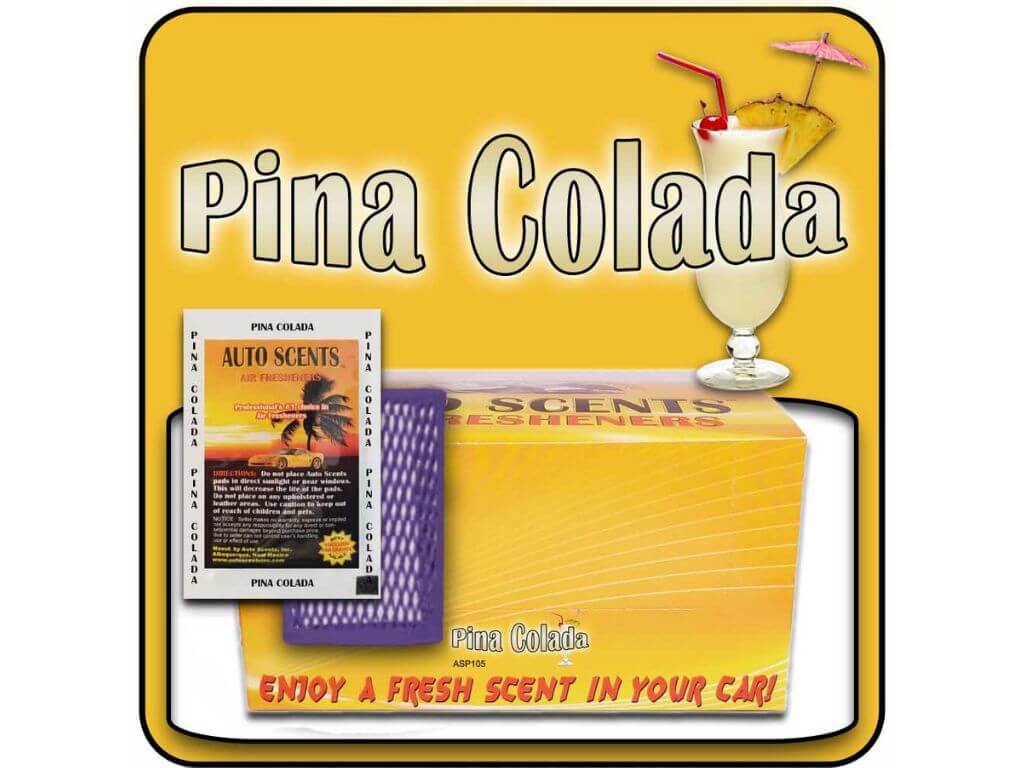 Pina Colada car air freshener packaging with a drink illustration on a yellow background