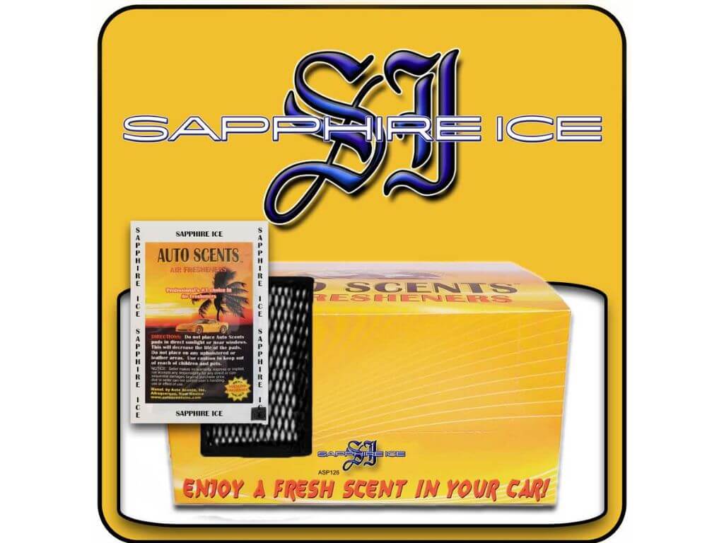 Sapphire Ice car air freshener packaging with branding and product display.