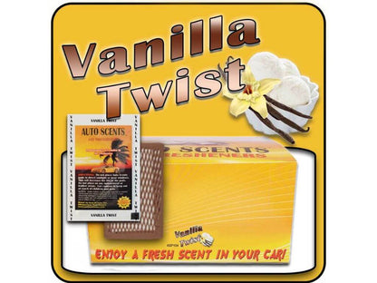 Vanilla Twist car air freshener packaging with a yellow background