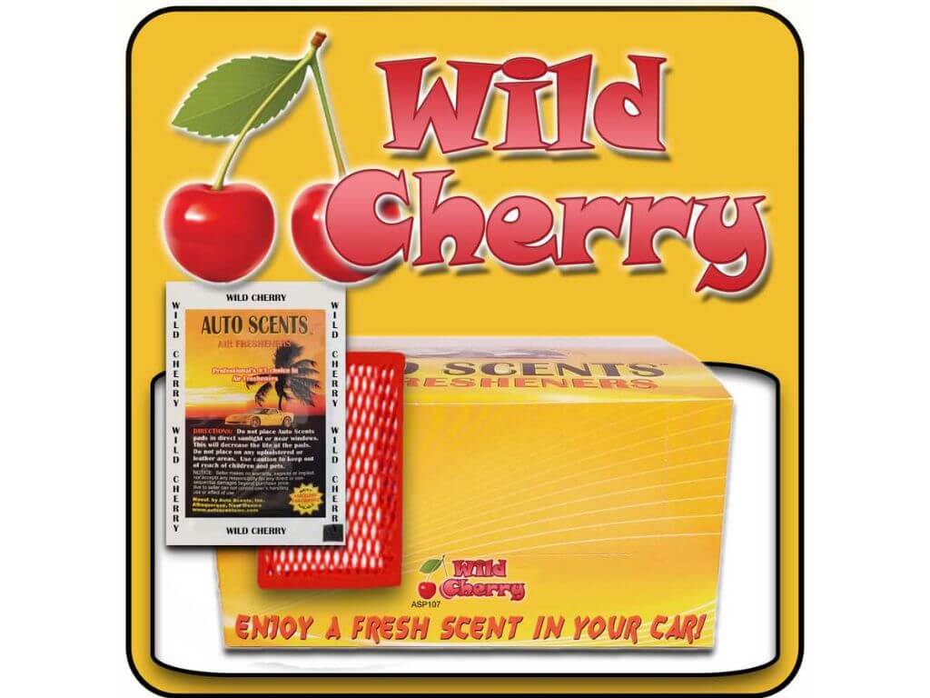 Wild Cherry car freshener packaging with cherries and text on a yellow background