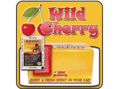 Wild Cherry car freshener packaging with cherries and text on a yellow background