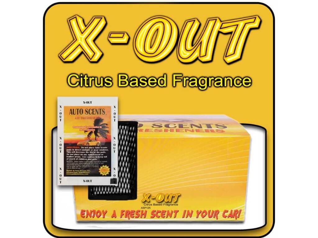 X-Out car air freshener packaging with a citrus-based fragrance on a yellow background