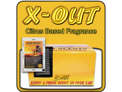 X-Out car air freshener packaging with a citrus-based fragrance on a yellow background