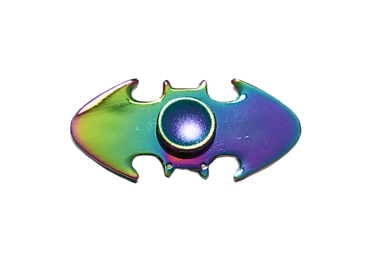 Multicolored fidget spinner shaped like a bat symbol on a white background