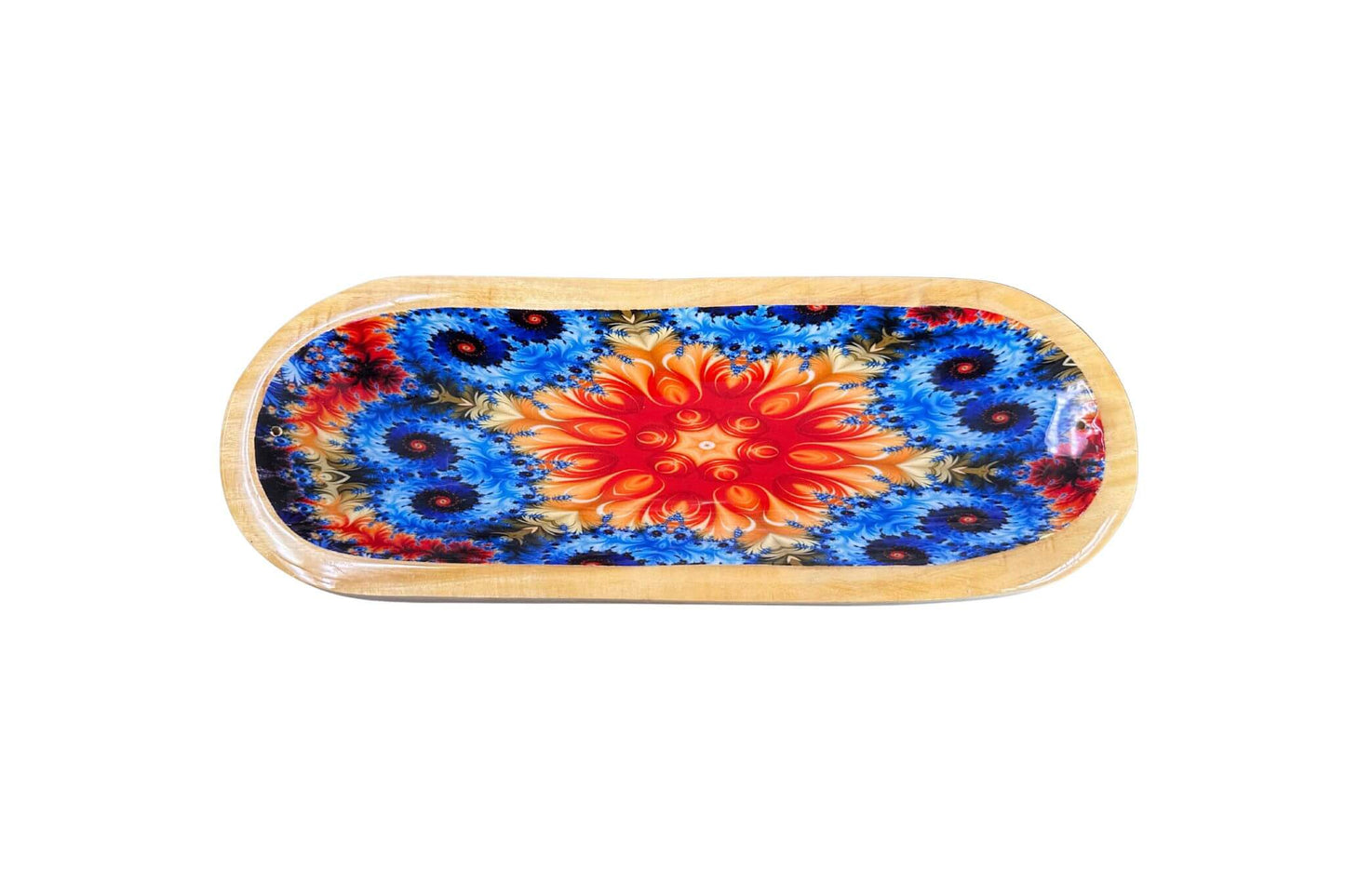 Colorful abstract design on a wooden incense holder with a white background. Epic Saves