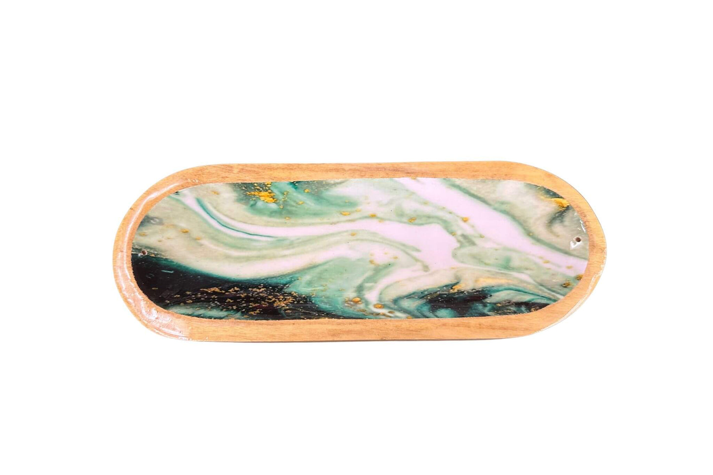 Marble-patterned oval incense holder with wooden border on a white background. Epic Saves