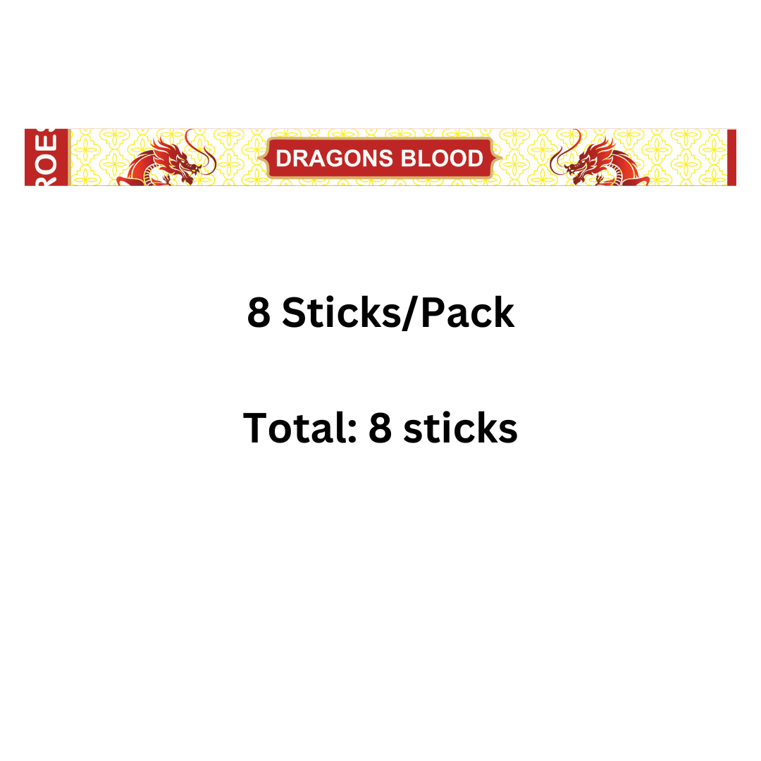 Packaging for 'DRAGONS BLOOD' with text indicating 8 sticks per pack on a white background.