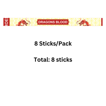 Packaging for 'DRAGONS BLOOD' with text indicating 8 sticks per pack on a white background.