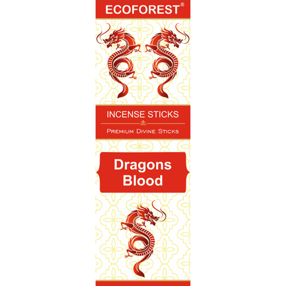 Ecoforest Dragons Blood incense sticks packaging with red and white design.