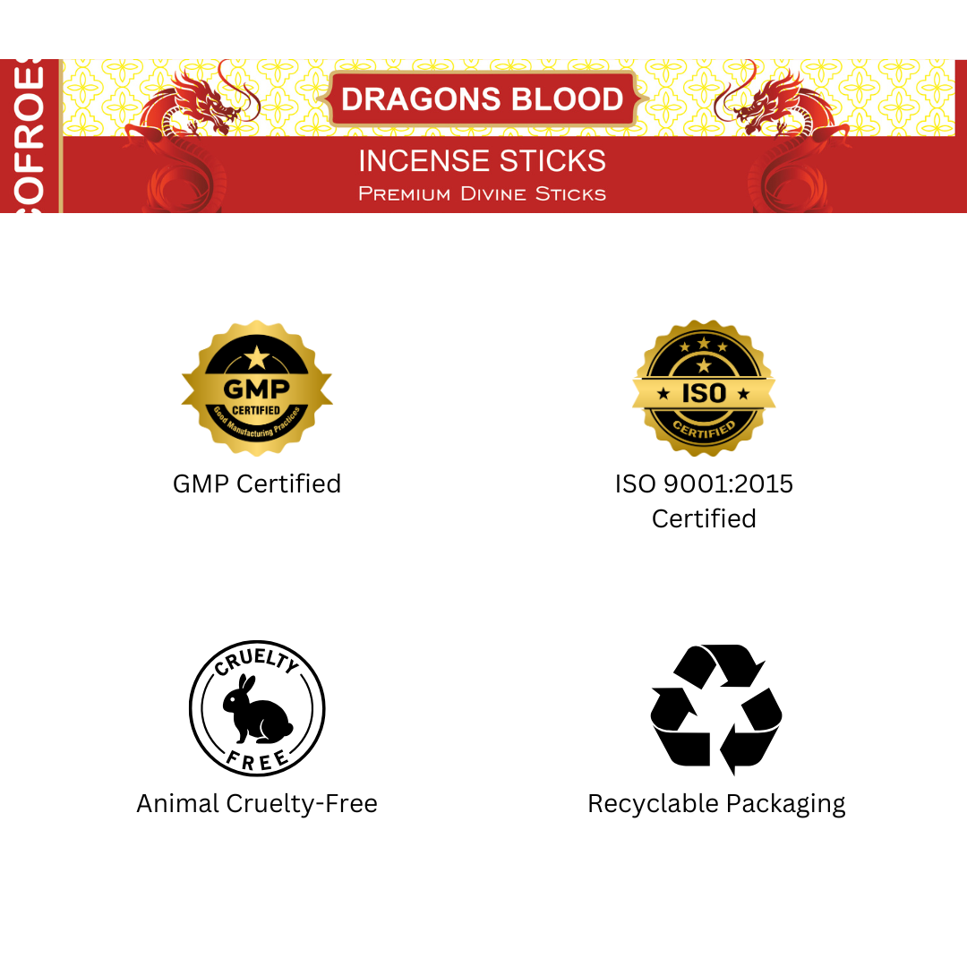  dragons blood incense sticks packaging with certification logos on a white background