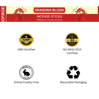  dragons blood incense sticks packaging with certification logos on a white background