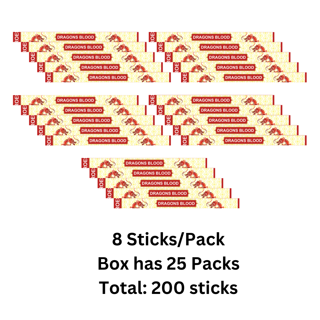 Multiple boxes of 'Dragons Blood' incense sticks with text indicating quantity.