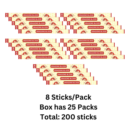 Multiple boxes of 'Dragons Blood' incense sticks with text indicating quantity.