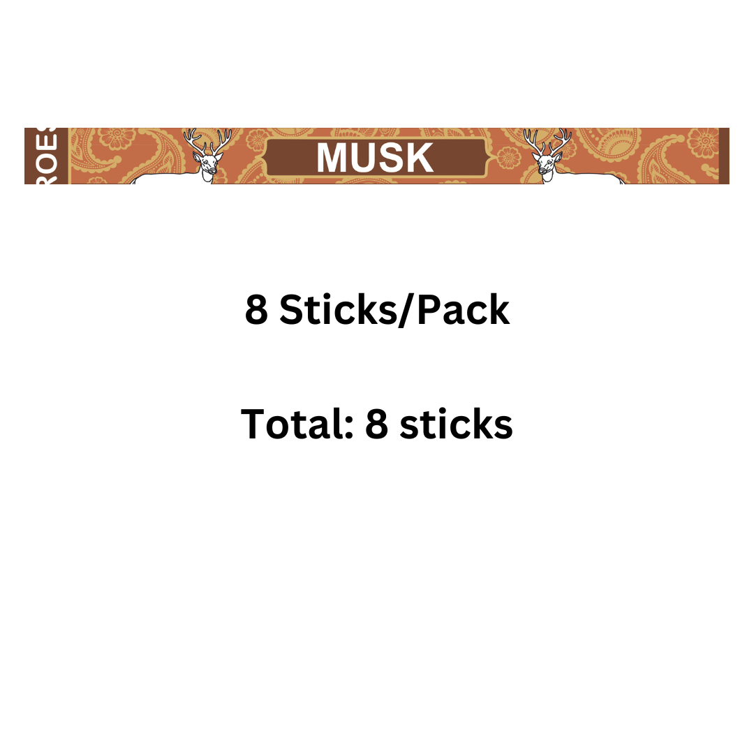 Packaging for 8 sticks of Musk with a decorative border on a white background
