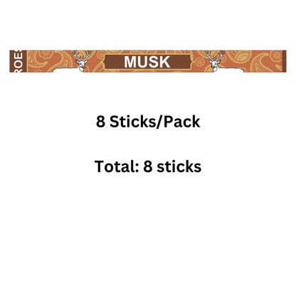 Packaging for 8 sticks of Musk with a decorative border on a white background
