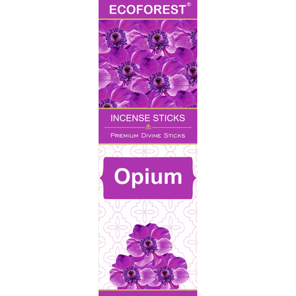 Ecoforest Opium incense sticks packaging with purple flowers on a white background