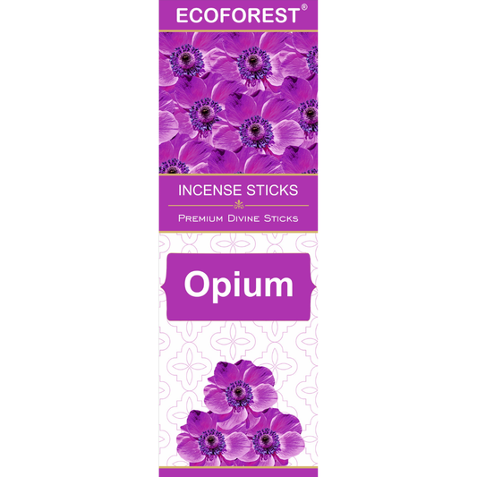 Ecoforest Opium incense sticks packaging with purple flowers on a white background
