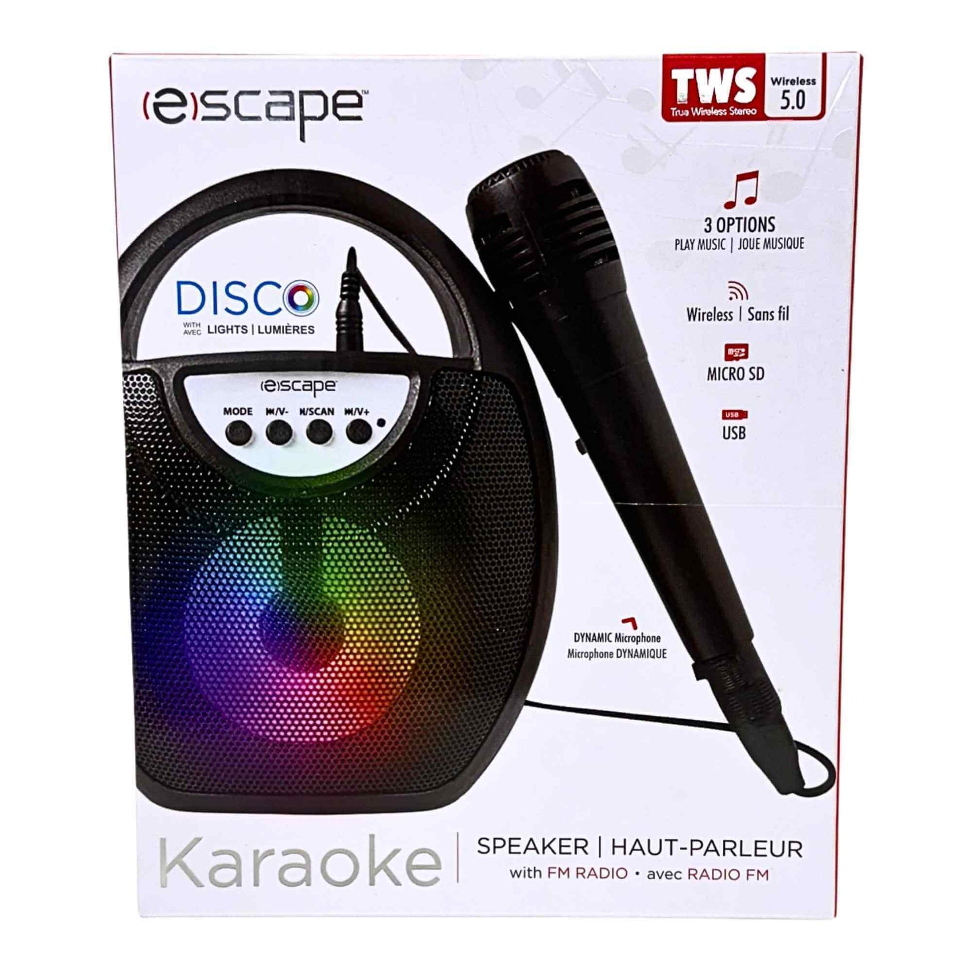 Packaging of a karaoke speaker with a microphone on a white background.