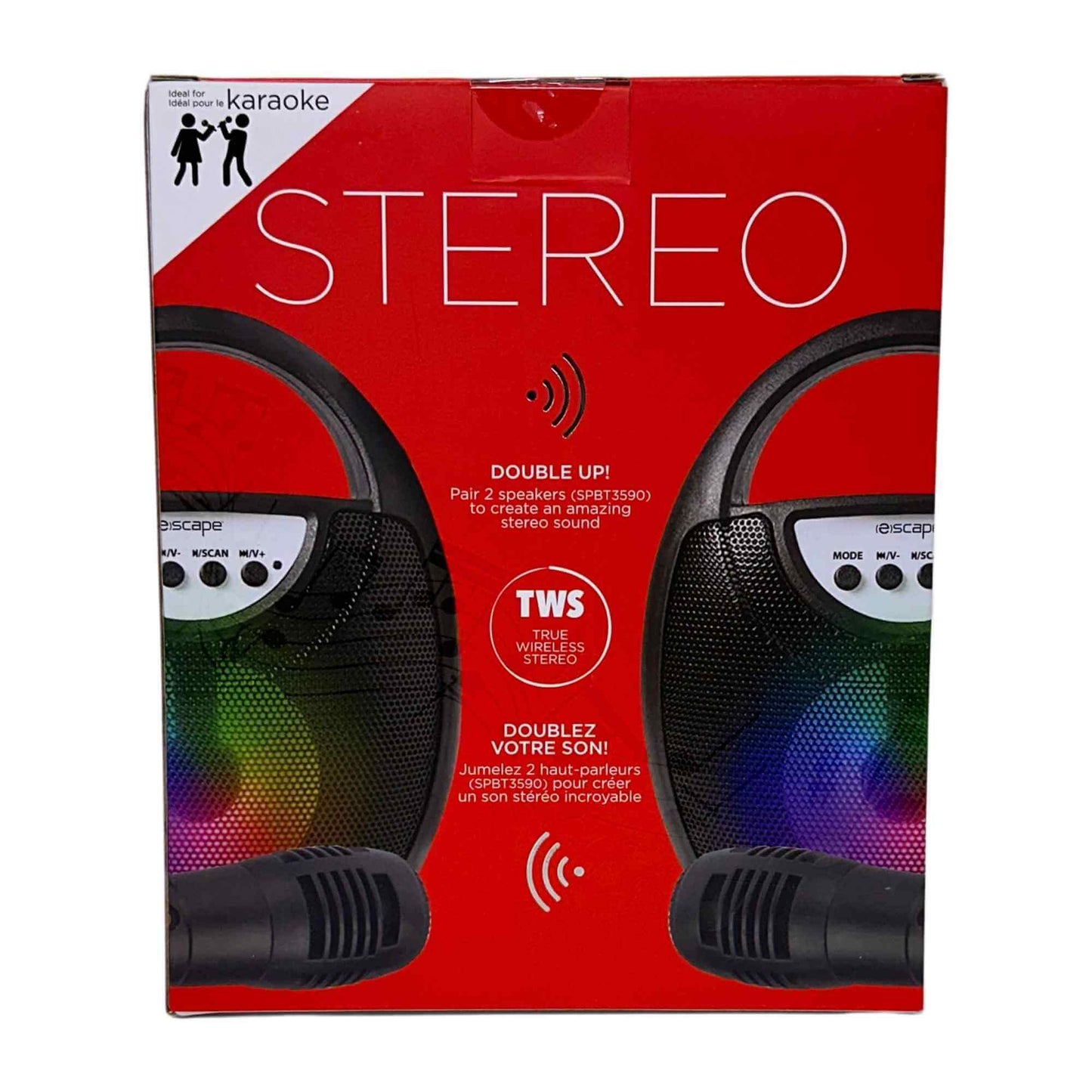 Box of stereo speakers with colorful LED lights on a white background