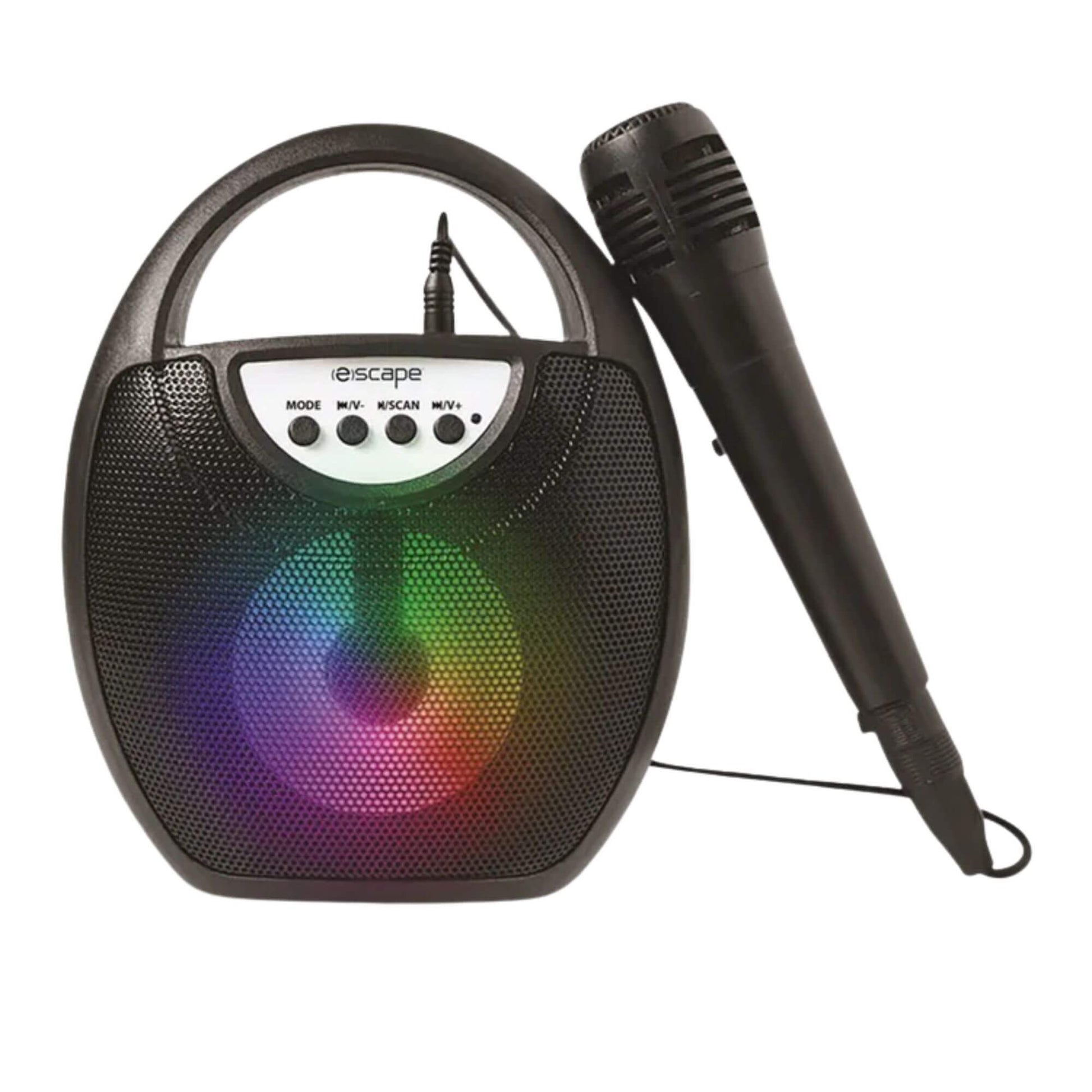 Portable speaker with colorful LED lights and a microphone on a white background